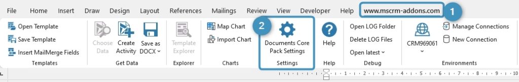 DocumentsCorePack TemplateDesigner in Word ribbon