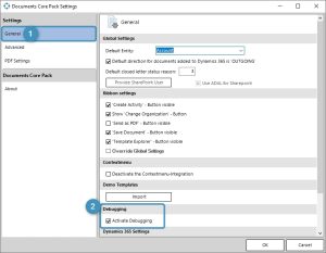 DocumentsCorePack settings, General tab, Debugging is activated