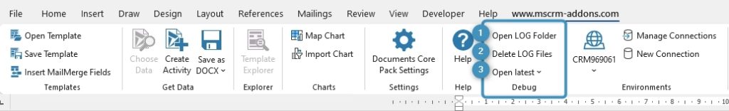 DocumentsCorePack TemplateDesigner in Word ribbon showing debug options