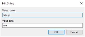 Value name is debug and Value data is true for new string