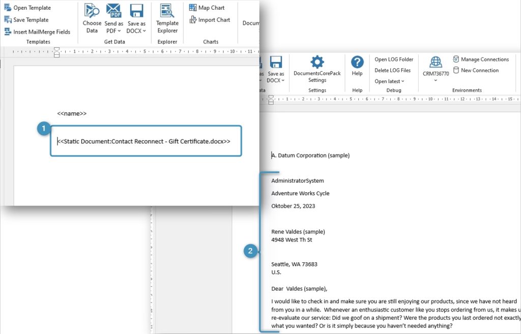 The "Insert Static Document" option in DocumentsCorePack Templates