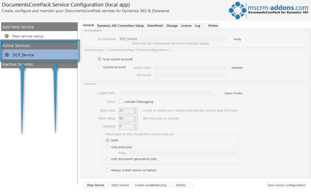 Our service under the Active Services tab