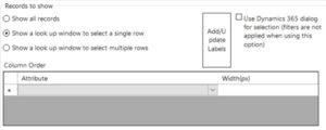 The "Show a lookup window to select a single row" base behavior option.