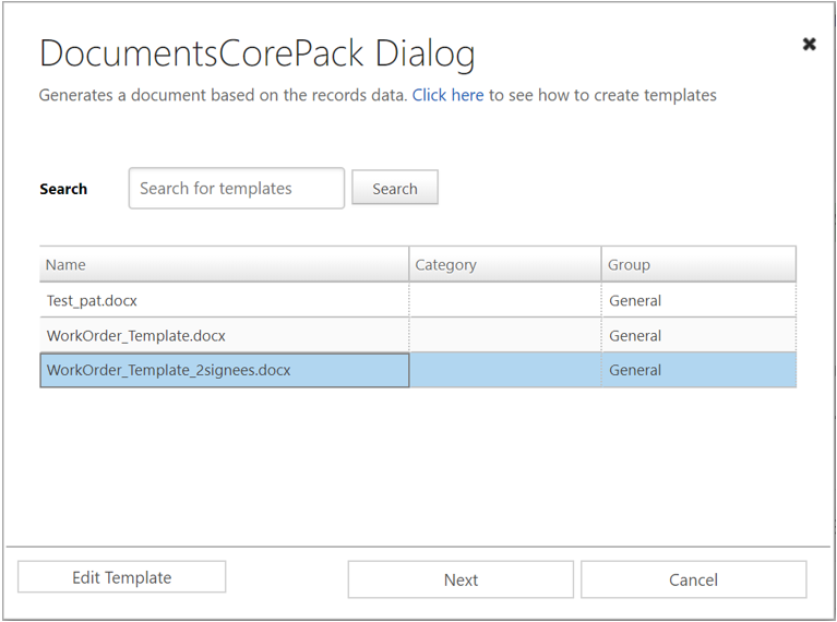 DCP Dialog - select your template