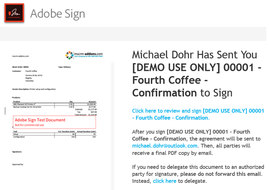 E-mail with link to Adobe Sign document.