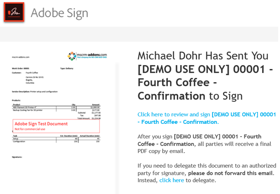 E-mail with a link to Adobe Sign document.