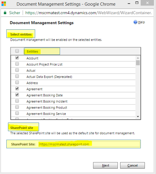 Select entities and SharePoint site 
