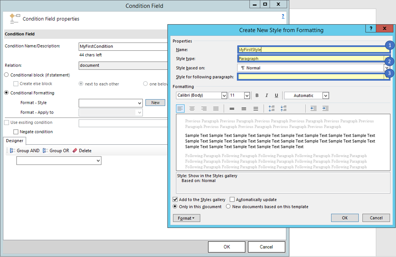 Condition field dialog