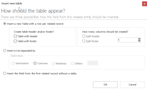 Dialog options for inserting a table.