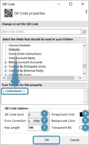 Define Link pattern for QR code and QR Code options