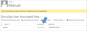 The DocuSign user record appears in Microsoft Dynamics 365.