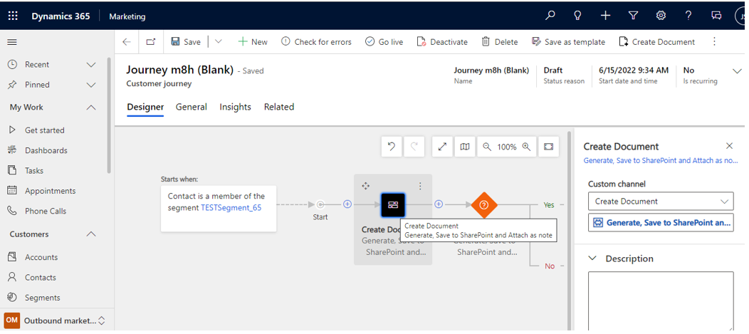 Picture of a customer journey in Dynamics 365 Marketing with a "Create Doucment" action to generate and process documents in customer journeys.