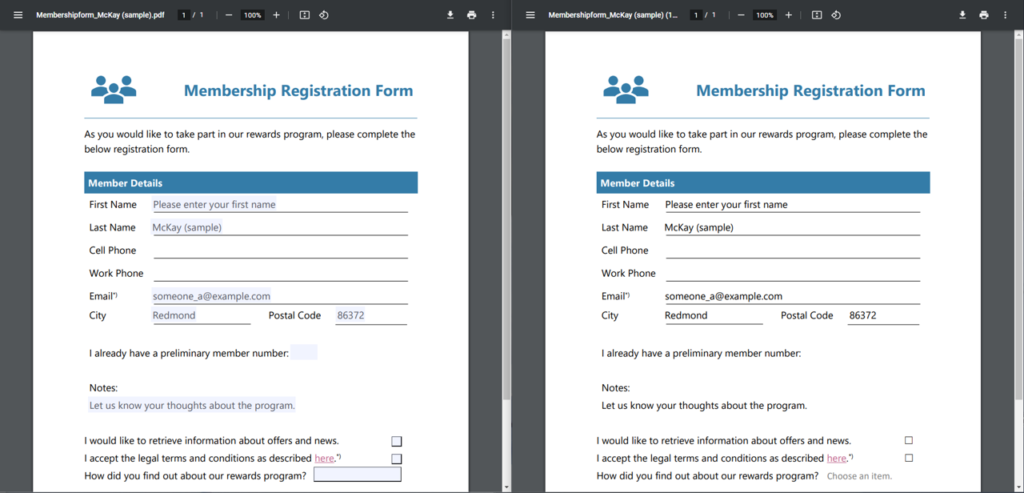 Fillable PDF from (left) vs. standard PDF document (right) 