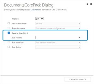 "Save to SharePoint" checkbox available after selecting "Create Document".