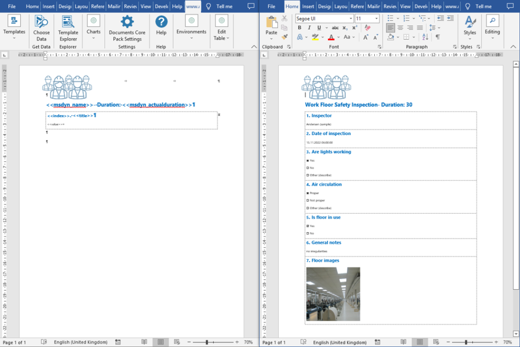 Template (left) and merged document
