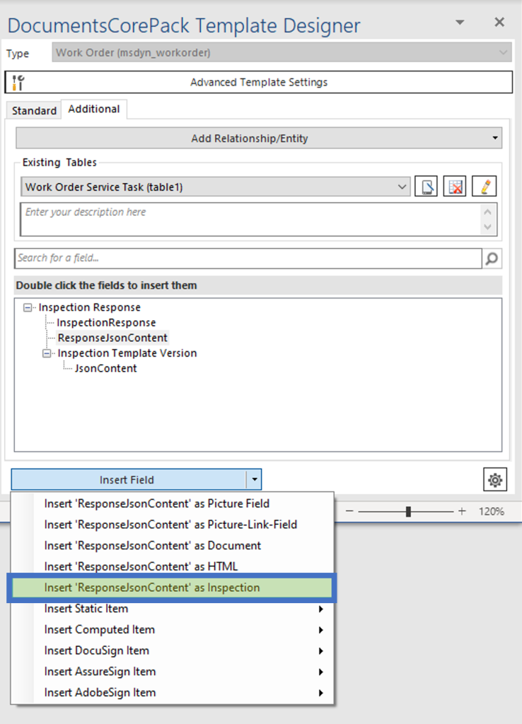 Figure 3: Insert as inspection button within the DocuomentsCorePack ´Template Designer