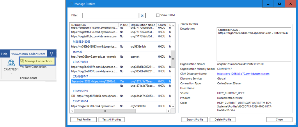 Manage Connections button (left) and Manage Profiles dialog (right)