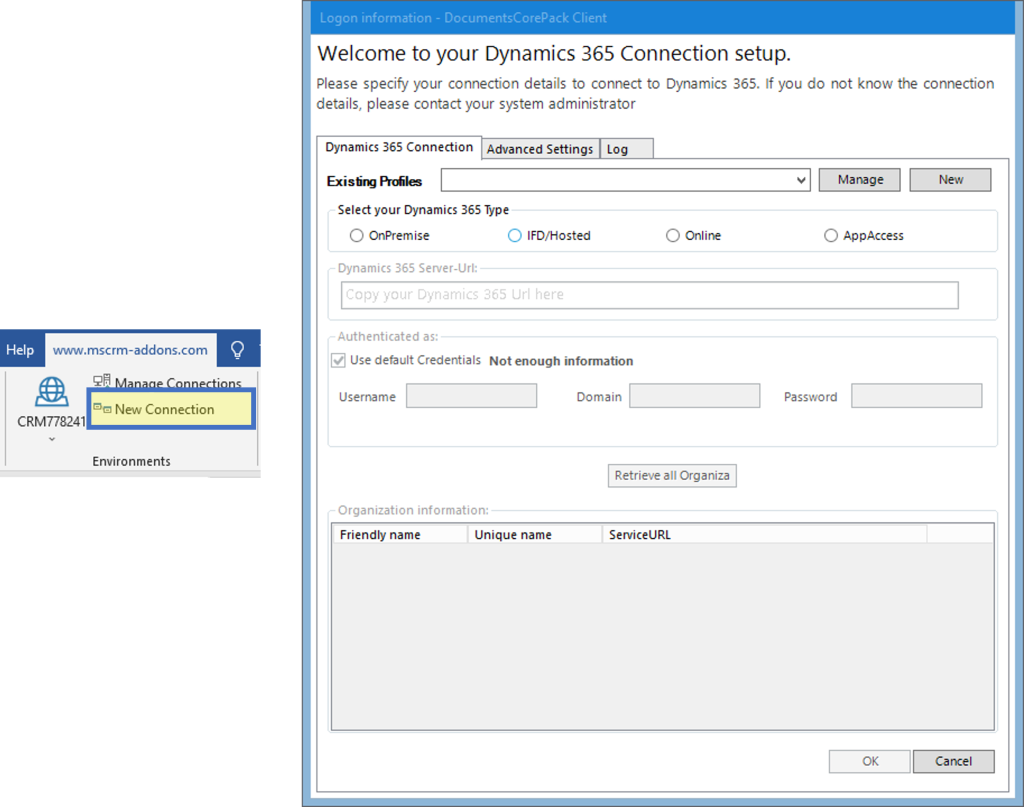 New Connection button (left) and Logon infromation dialog (right) 