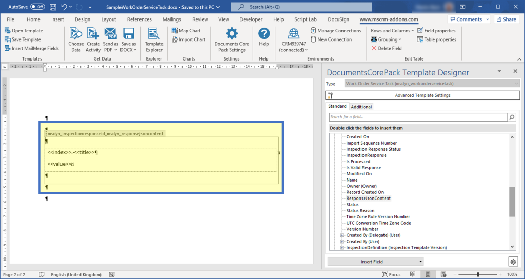 Sample of the inserted fields related to inspection