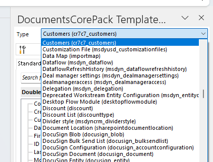 Selecting a dynamic table via the DocumentsCorePack taskbar
