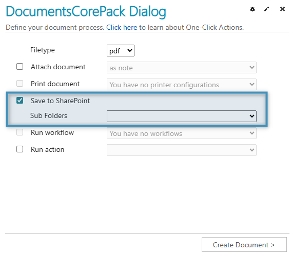 The Save to SharePoint checkbox marked in the DCP Dialog