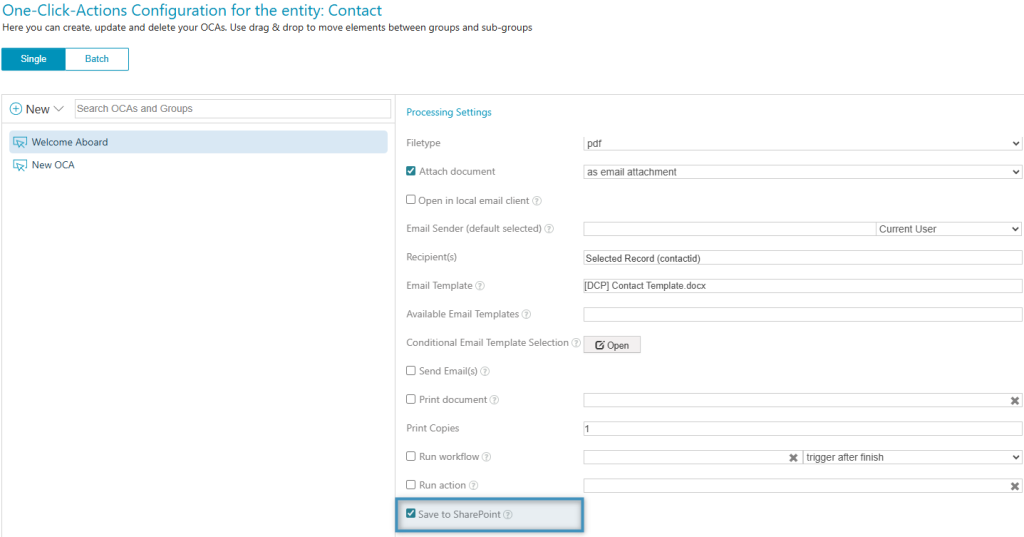 Selecting Save to SharePoint in an OCA