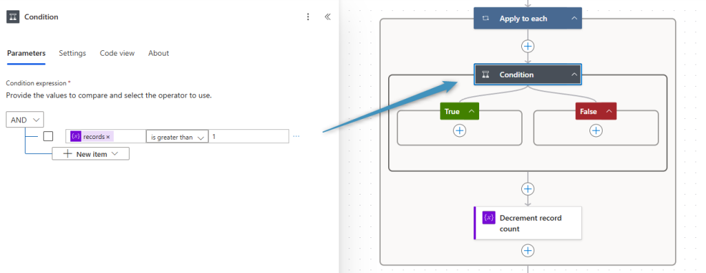Our loop structure.  Note the condition and record variable decrement step.