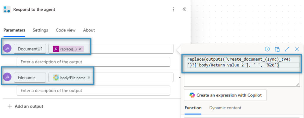 Return document URL and filename to copilot