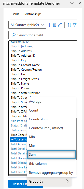 Activating aggregation for our Quote Total amount table by Sum