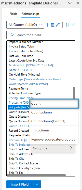 Activating aggregation for our Quote table by Count