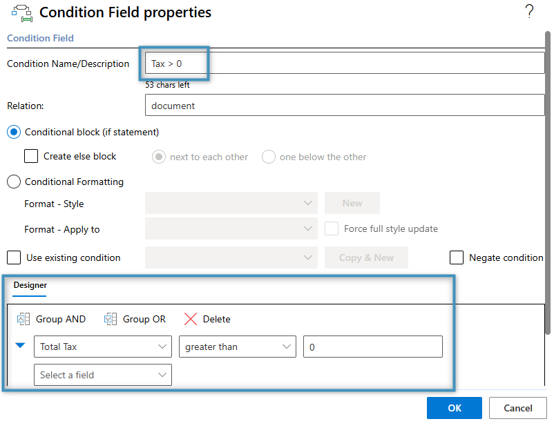 The Condition Field properties window for our tax condition