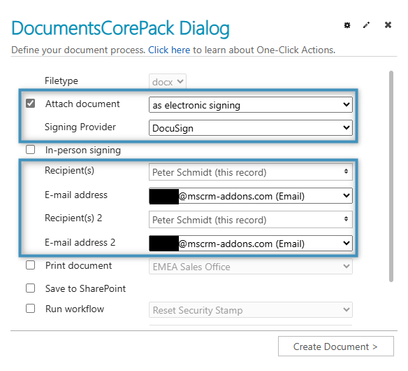 Configuring the document generation process in the DocumentsCorePack Dialog