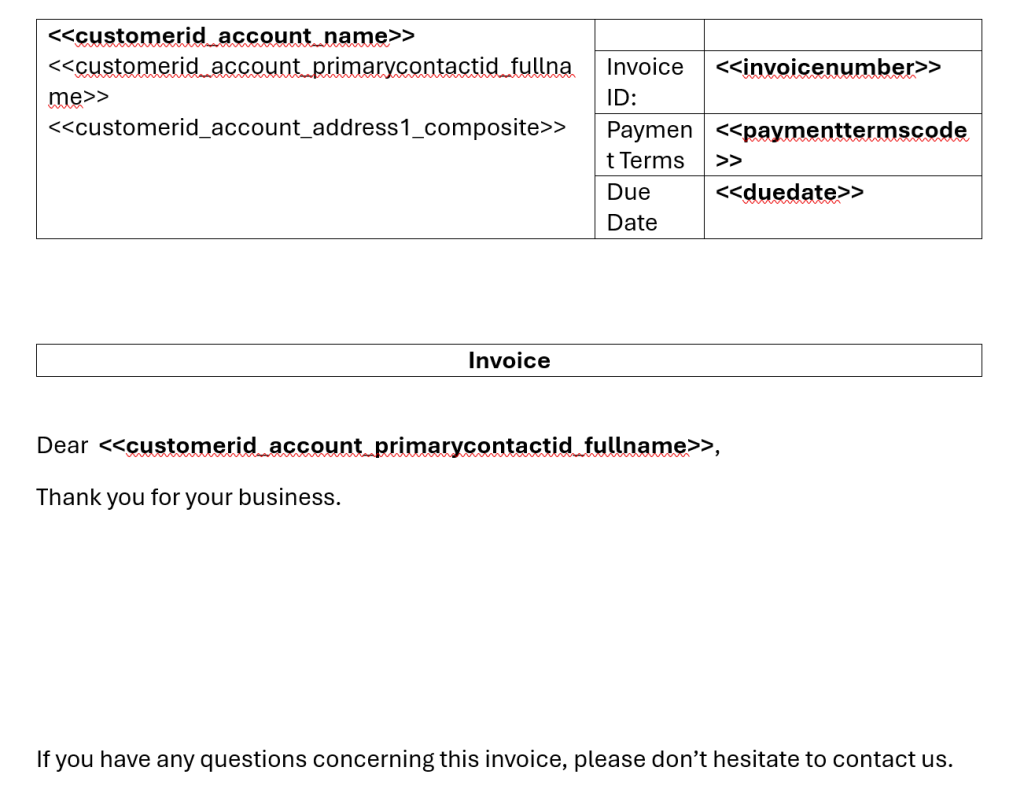 The template with some standard fields added