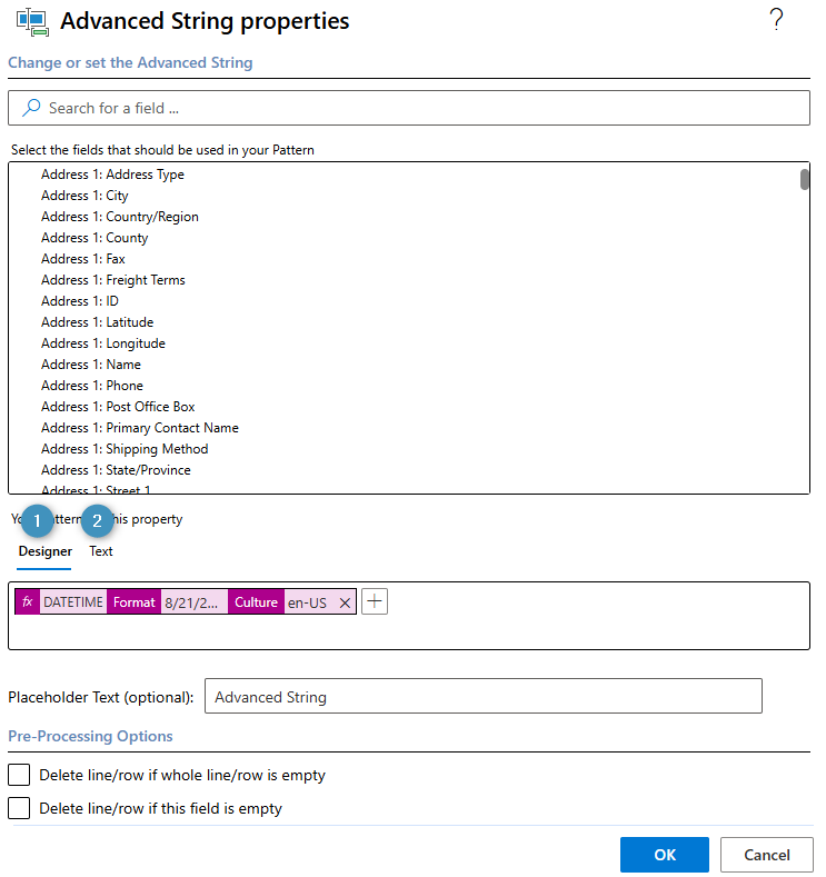 The Advanced String properties window, with the Designer and Text option noted
