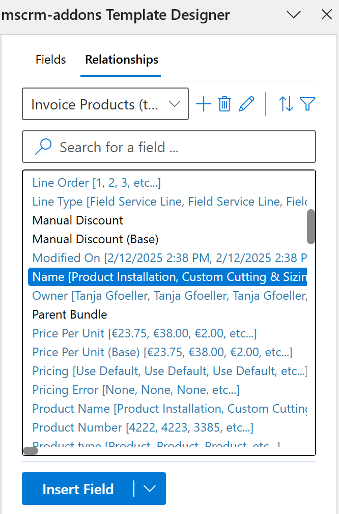 Our relationships invoice list