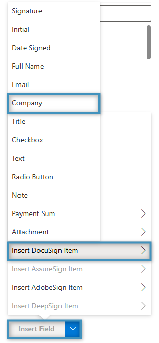 Selecting the ‘Company’ DocuSign field