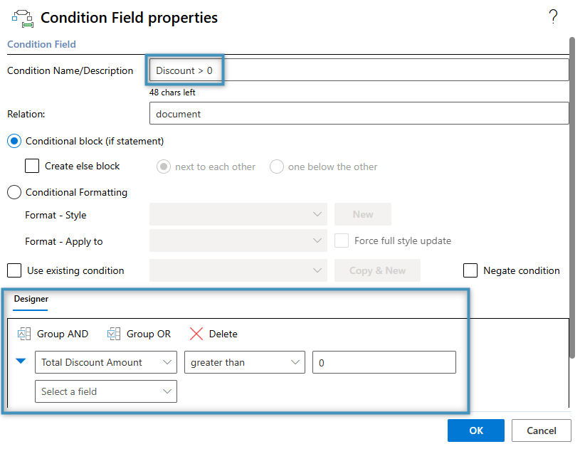 The Condition field properties window with our discount condition set-up