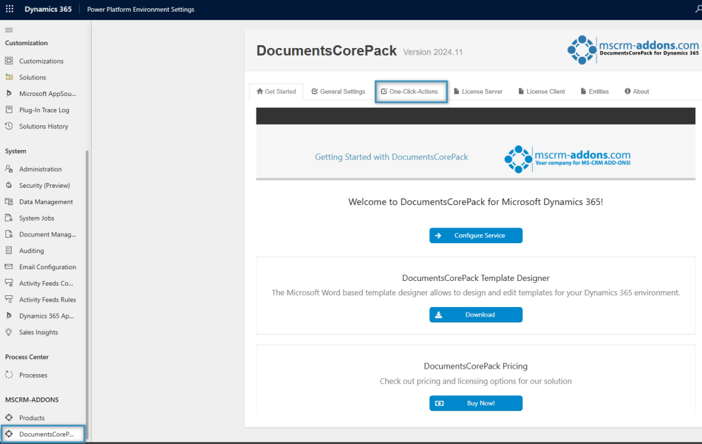 Locating DocumentsCorePack in Dynamics 365 Advanced Settings