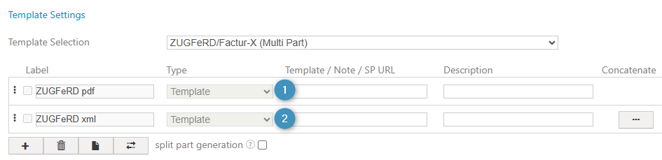 The ZUGFeRD Multipart. Two templates must be selected.