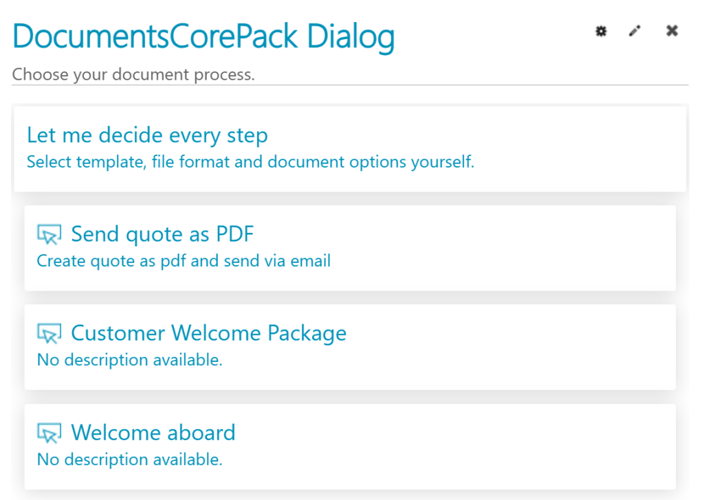 DocumentsCorePack Dialog with a list of OCAs