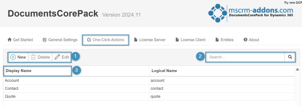 The One-Click-Actions window with available entities under Display Name
