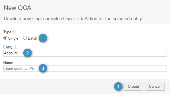 Configuration window for creating a new OCA