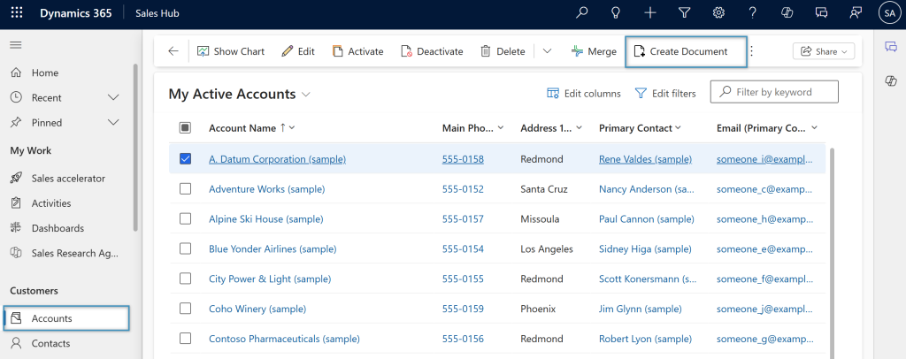 Locating the Create Document button in Dynamics 365
