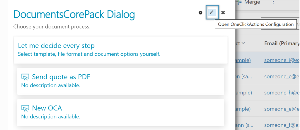 The DocumentsCorePack Dialog with the Open OneClickActions Configuration button marked