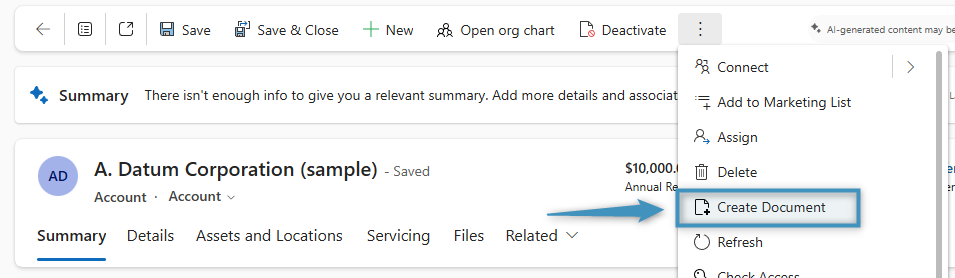 The Create Document button in a record