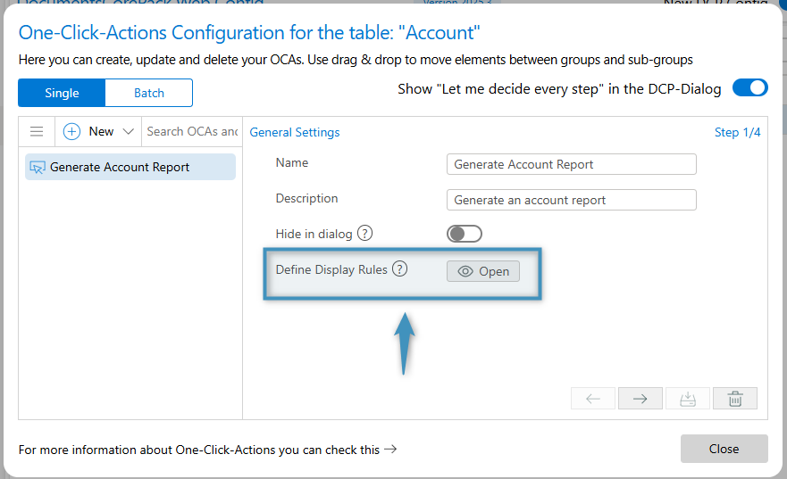 The Define Display Rules setting in the OCA Config