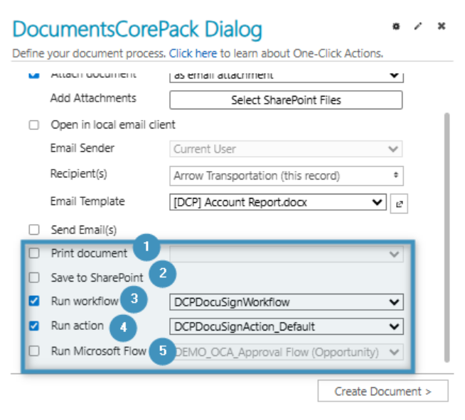 Settings for printing documents, saving to SharePoint, etc.