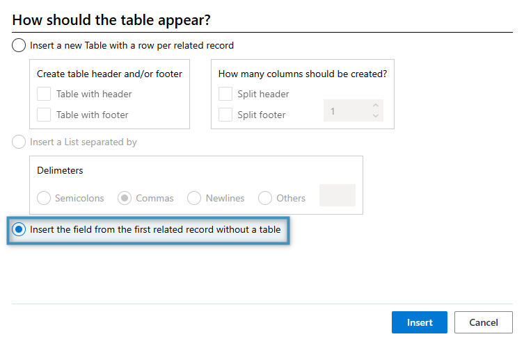 Inserting the image field via the table options