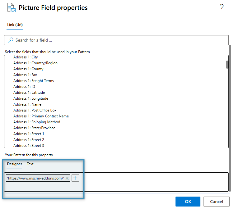 Entering a URL in the designer. Alternatively, a field containing a URL can be used instead.