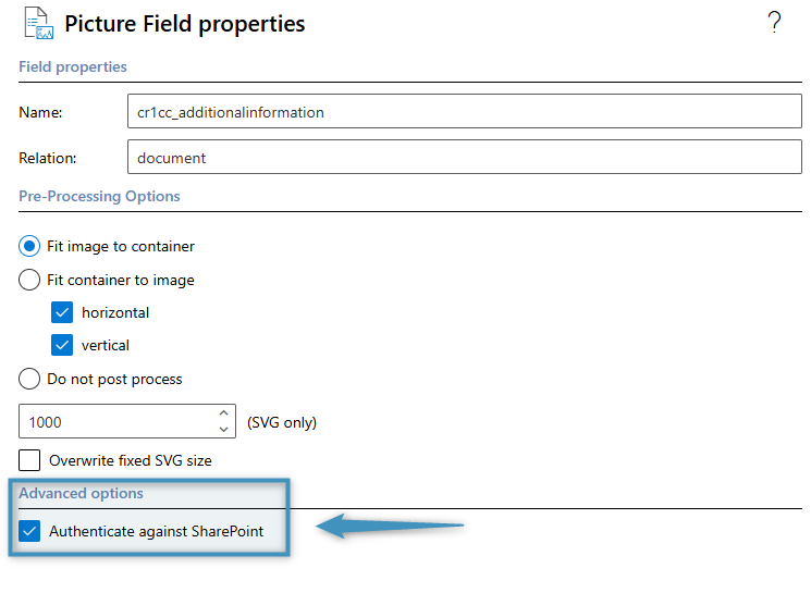 The Authenticate against SharePoint setting. It is located in the Picture Field's field properties